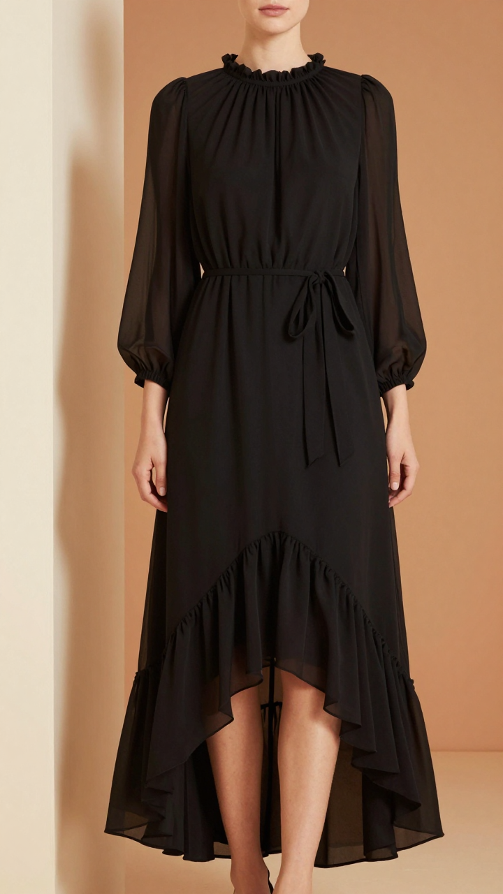 Sheer Ruffle High-Low Tie Waist Maxi Dress