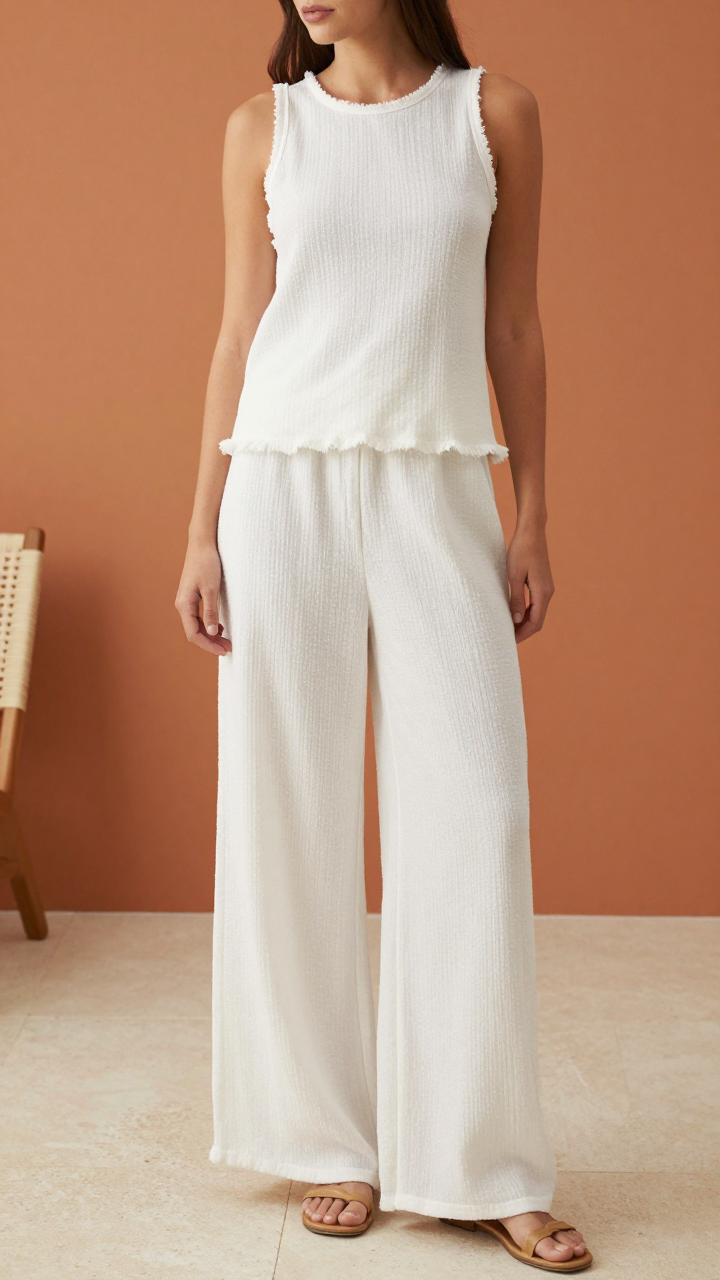 Textured Sleeveless Top And Wide-Leg Pants Set