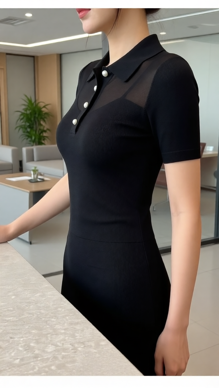 Mesh Panel Ribbed Polo Knit Top With Pearl Buttons