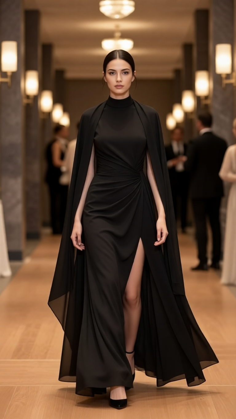 Draped High-Slit Layered Evening Maxi Dress