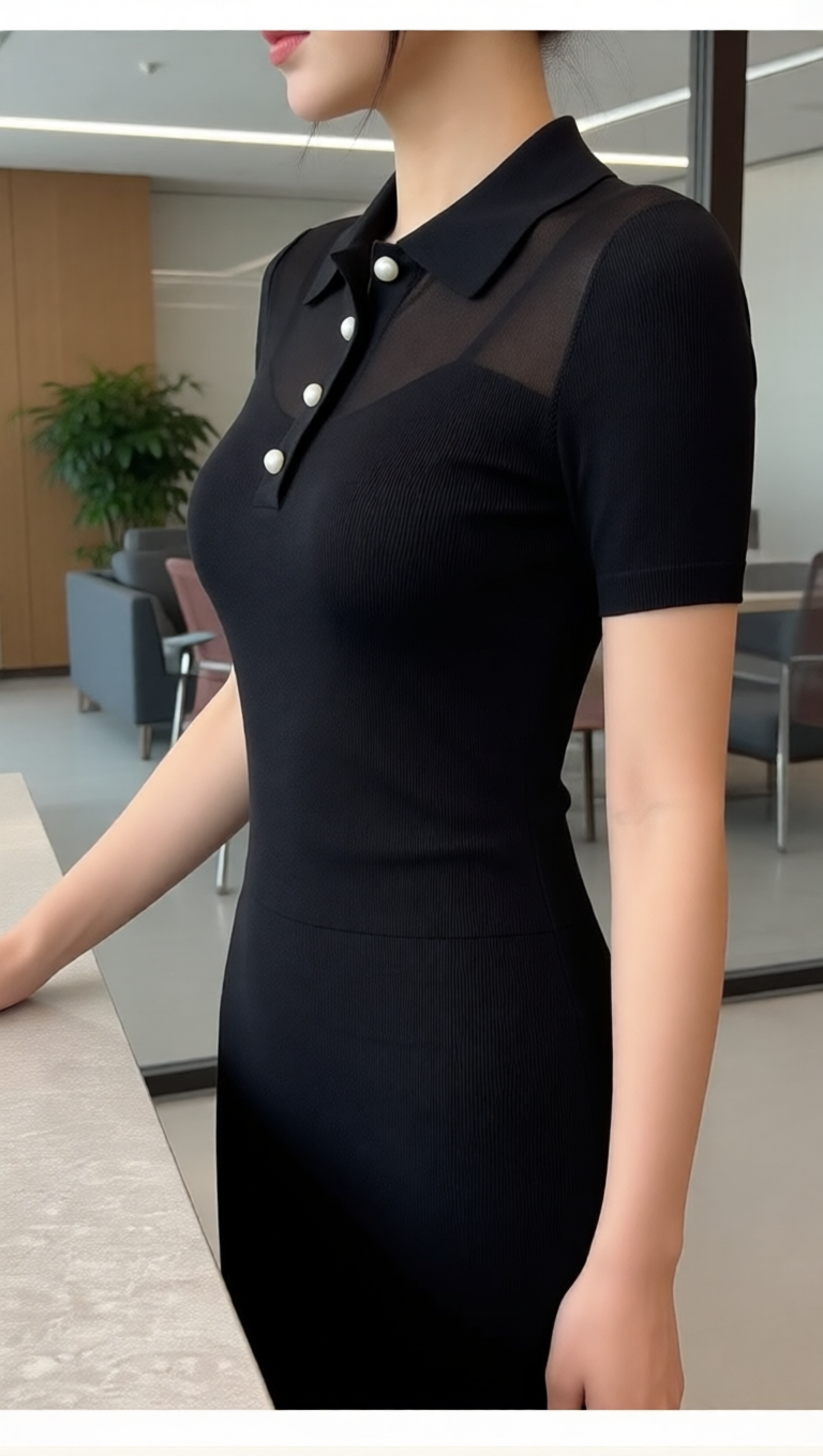 Mesh Panel Ribbed Polo Knit Top With Pearl Buttons