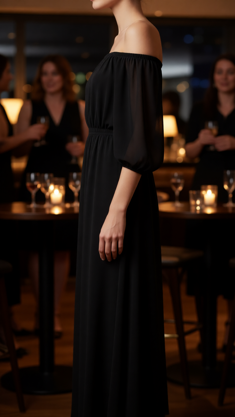 Off-Shoulder Pleated Chiffon Maxi Dress