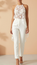 Sheer Floral Asymmetric Overlay Top And Tailored Pants Set