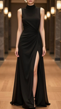 Draped High-Slit Layered Evening Maxi Dress
