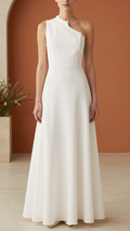 Asymmetric Button-Neck A-Line Maxi Dress
