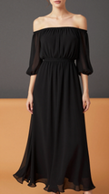 Off-Shoulder Pleated Chiffon Maxi Dress