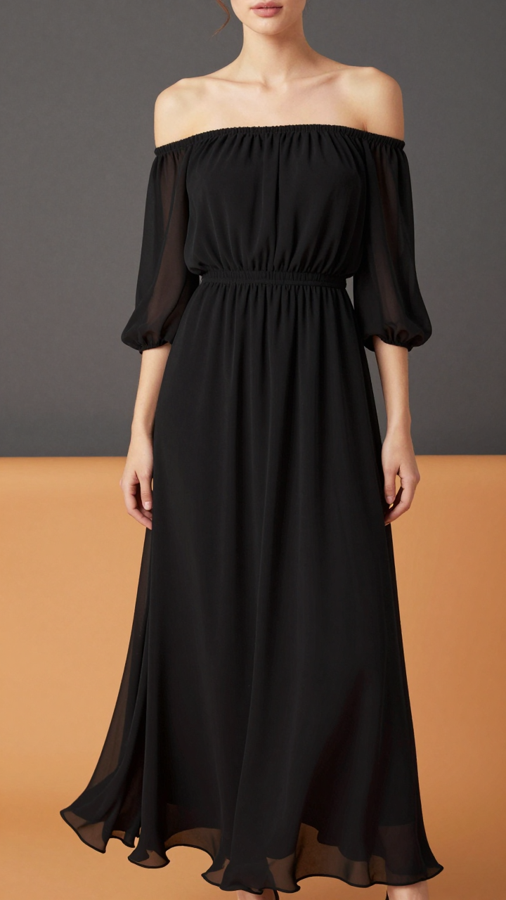 Off-Shoulder Pleated Chiffon Maxi Dress