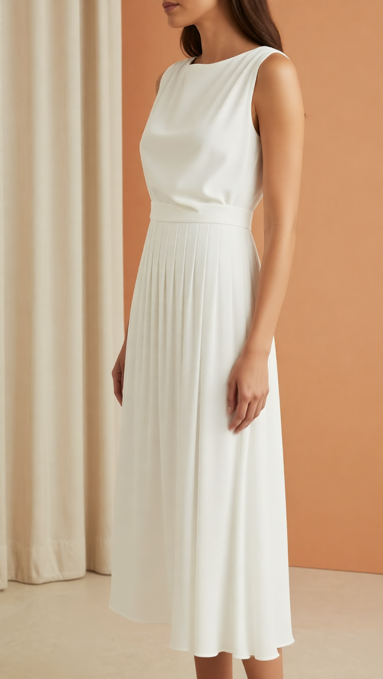 Soft Draped Neck Pleated Midi Dress