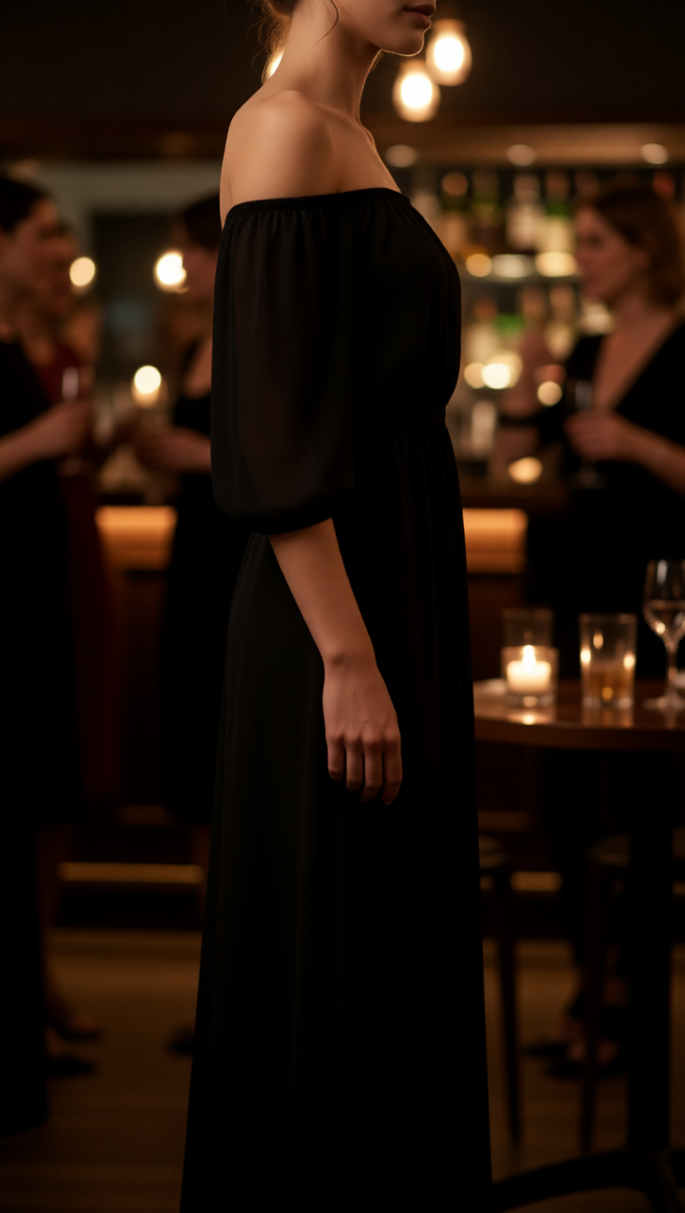 Off-Shoulder Pleated Chiffon Maxi Dress