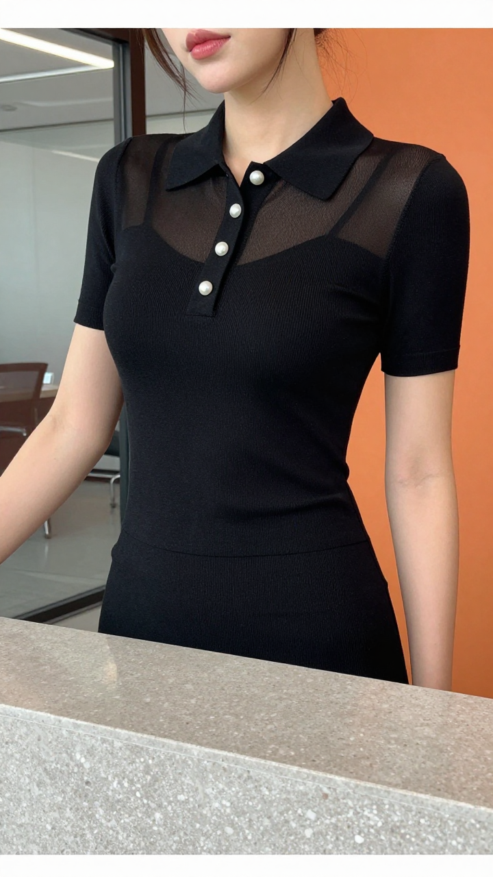 Mesh Panel Ribbed Polo Knit Top With Pearl Buttons