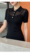 Mesh Panel Ribbed Polo Knit Top With Pearl Buttons