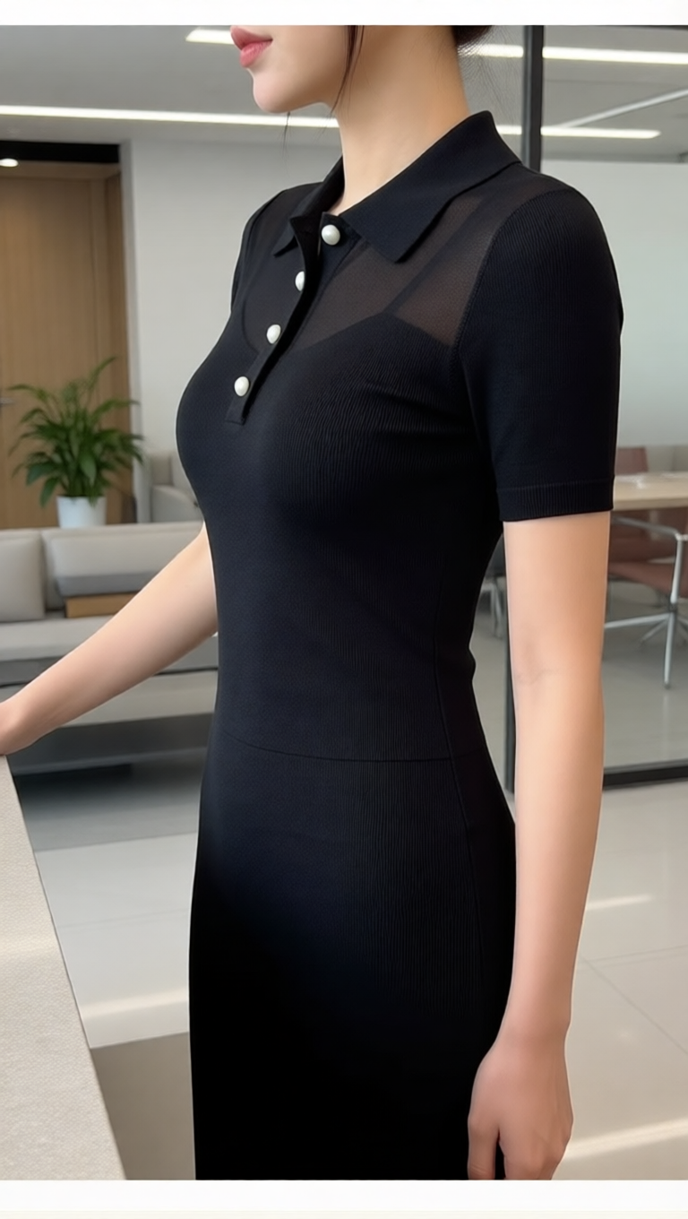 Mesh Panel Ribbed Polo Knit Top With Pearl Buttons