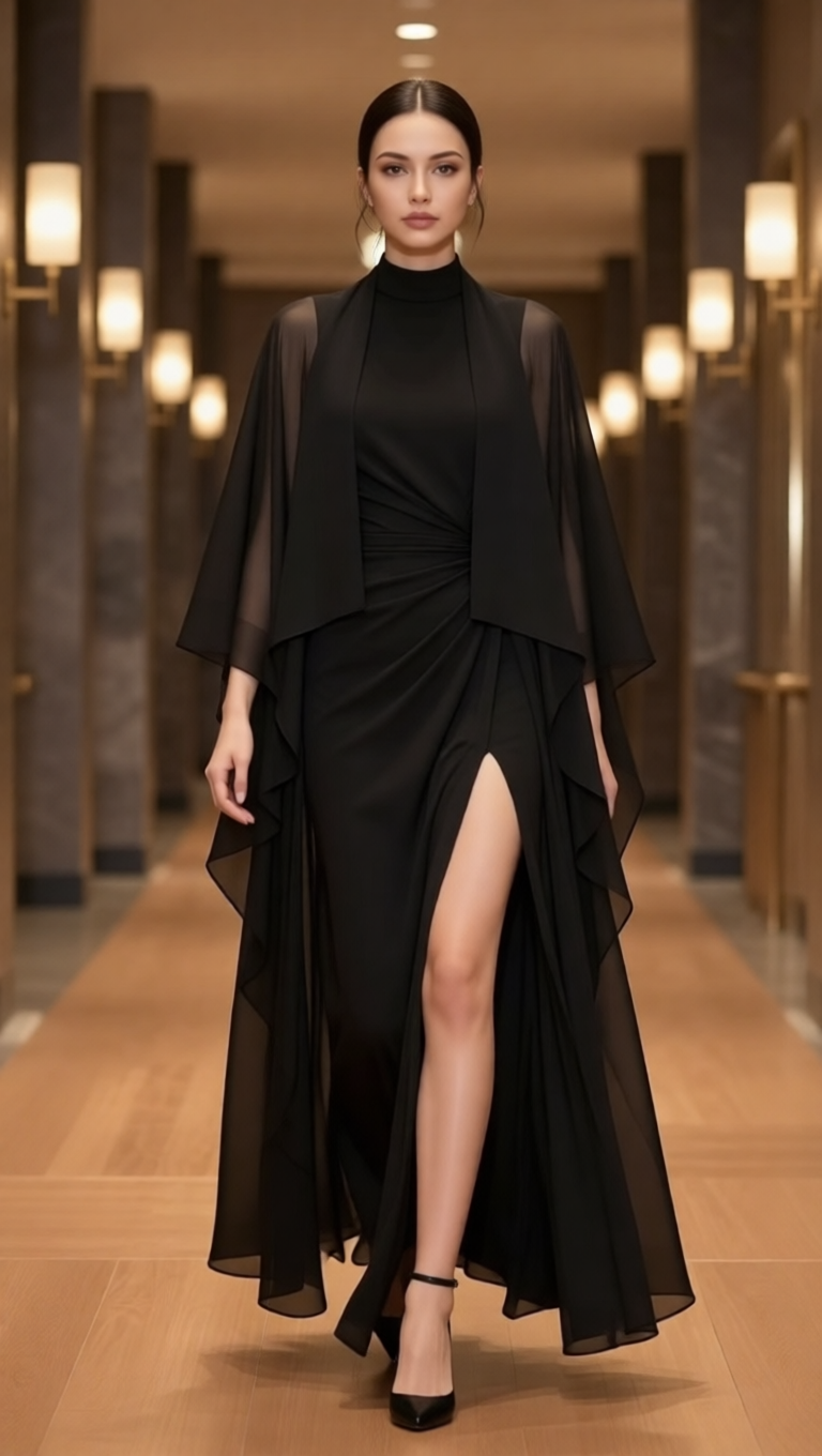 Draped High-Slit Layered Evening Maxi Dress