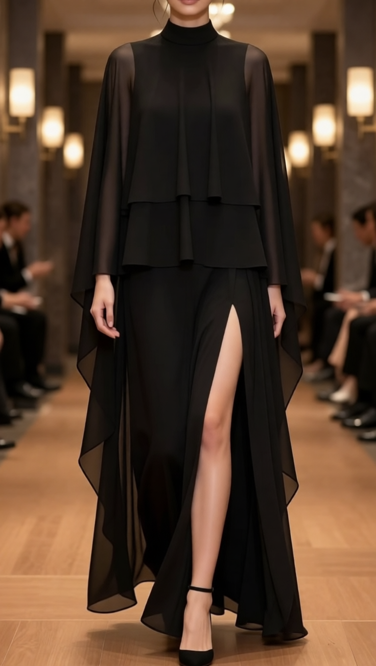 Draped High-Slit Layered Evening Maxi Dress