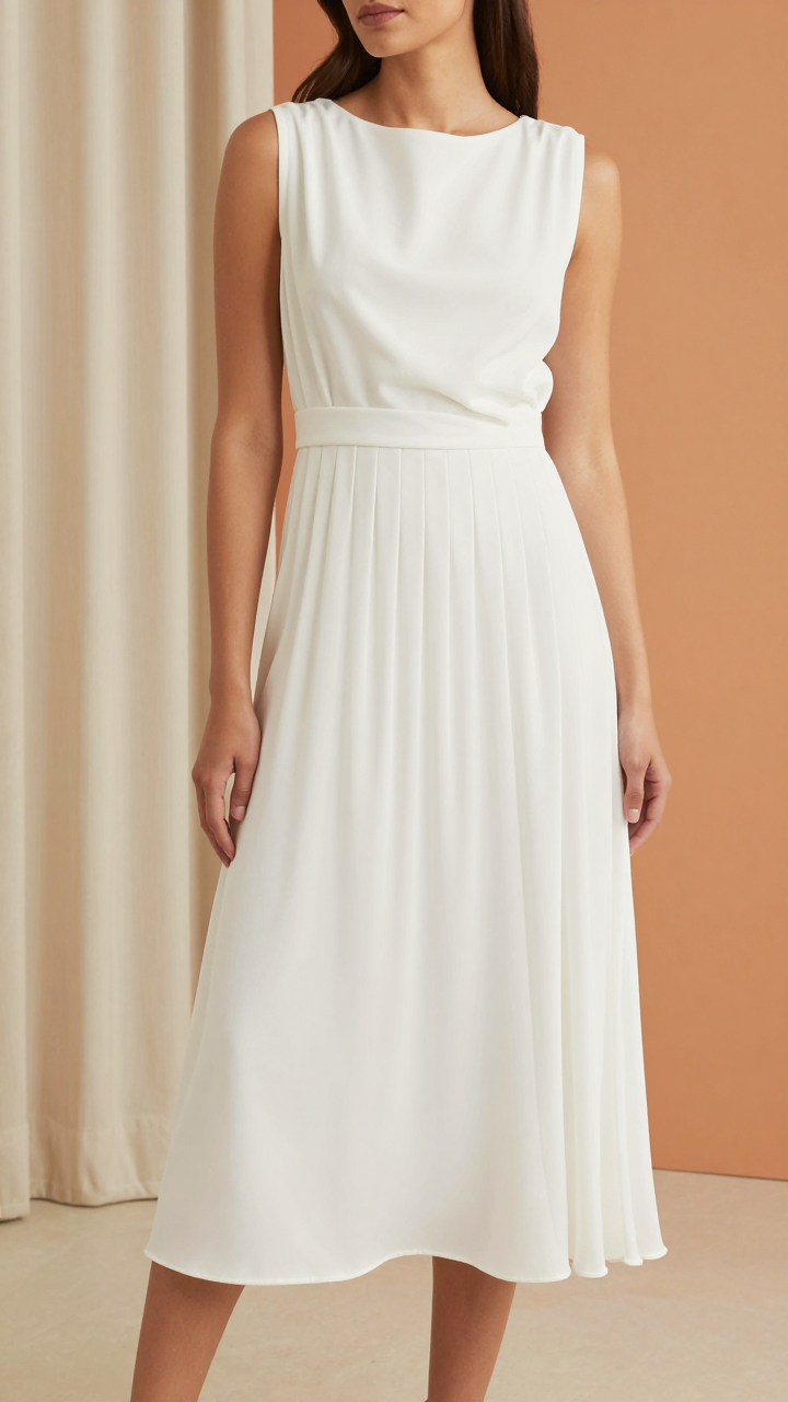 Soft Draped Neck Pleated Midi Dress