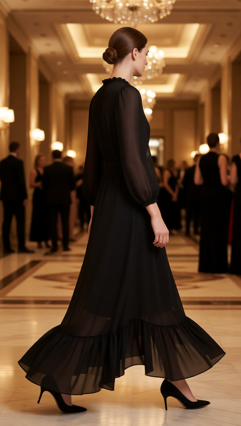 Sheer Ruffle High-Low Tie Waist Maxi Dress
