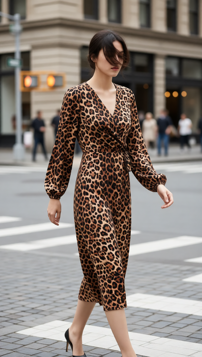 Leopard Print Long Sleeve Wrap Midi Dress
