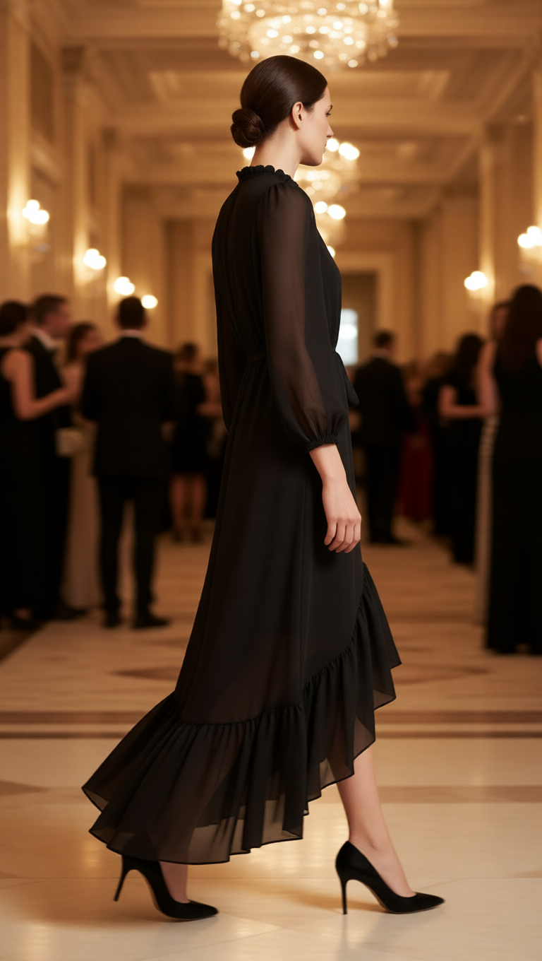 Sheer Ruffle High-Low Tie Waist Maxi Dress